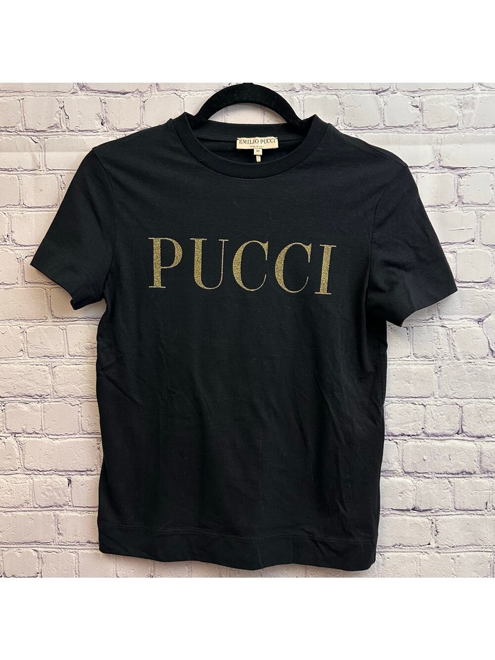 Emilio Pucci Black Graphic Tee Gold Glitter Logo Women's XS Short Sleeve Cotton